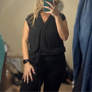 She + Sky Elegant Black Blouse with Front clasp and Tie